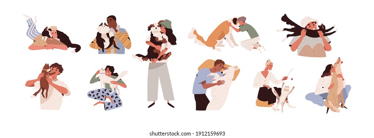 Set of happy pet owners with dogs and cats isolated on white background. Collection of people playing, hugging, cuddling with four-legged animal friends. Colored flat vector illustration.