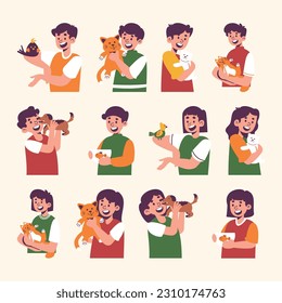 Set of happy pet owners with dogs, birds, fish, and cats, Collection of people playing, hugging, and cuddling with animal friends.