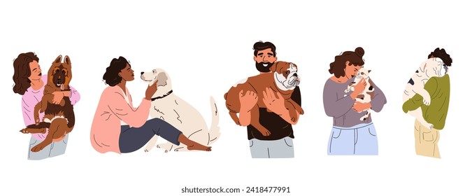 Set of happy pet owners with dogs and a cat. Collection of people playing, holding, hugging animals. Color flat vector hand drawn illustration isolated on white background