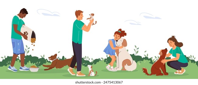 Set of happy pet owners with dogs. Collection of characters playing, hugging, cuddling with four-legged animal friends. People walk with pets in city park. Colored flat vector illustration