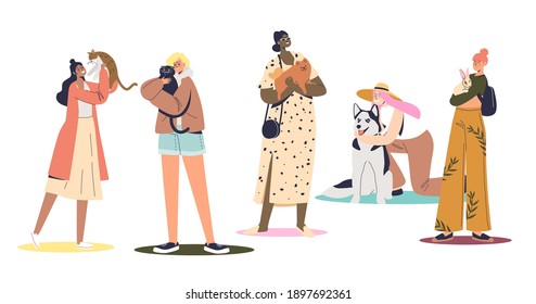 Set of happy pet owners with domestic animals: girls hugging cats, dogs and rabbit. Lovely young female cartoon characters embracing pets. Flat vector illustration