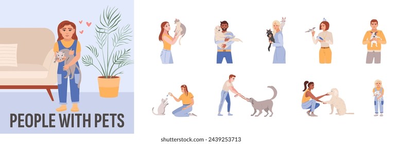 Conjunto de propietarios de mascotas felices aislados sobre fondo blanco. Colección de personas con perros, gatos y aves. Hombres, mujeres sosteniendo y abrazando lindos animales domésticos. Ilustración vectorial en un estilo plano