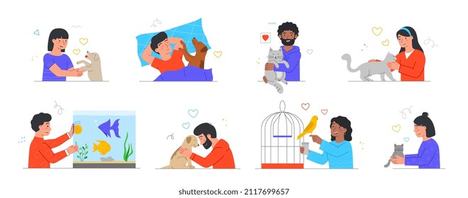 Set of happy pet owners. Young Men and women take care of cats, dogs, fish in aquarium and birds. Love and tenderness for animals. Cartoon flat vector collection isolated on white background