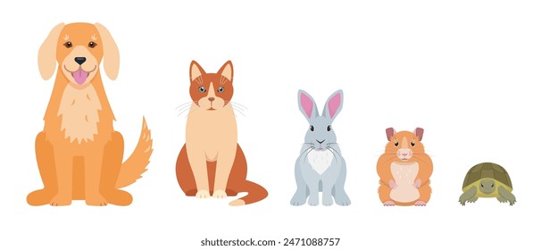 Conjunto de mascotas felices. Perro, gato, conejo, hámster y tortuga domésticos animales. Ilustración de iconos vectoriales aislados sobre fondo blanco.