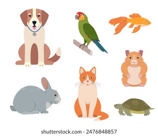 Set of happy pets. Dog, cat, rabbit, hamster and turtle, goldfish and parrot icons. Home domestic animals. Vector icons illustration isolated on white background.