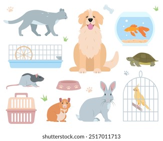 Set of happy pets and pets equipment. Dog, cat, rabbit, turtle, rat, hamster, goldfish and parrot icons. House domestic animals. Vector icons illustration isolated on white background.