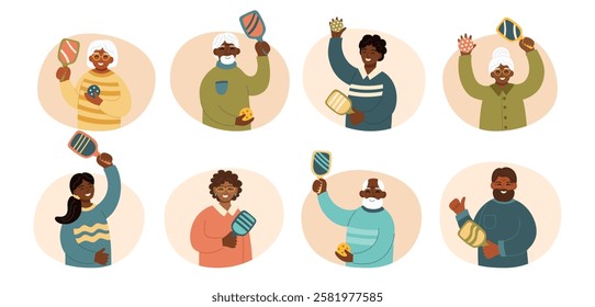 Set of happy pickleball players. Concept of active lifestyle, social sport, retirement activities, and community engagement. Vector hand drawn cliparts.