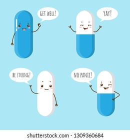 Set of happy pill or vitamin with cute kawaii face and quotes. Get well, be strong, no panic. Children hospital clip art, stickers.