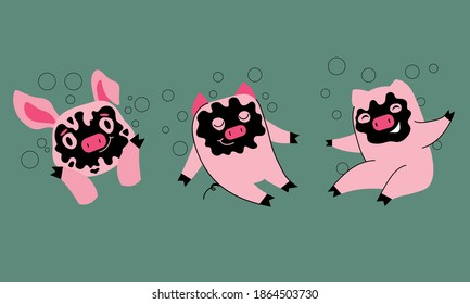 Set of happy pink pigs drawn by hand with a bubble mask. The cutest pet for packaging, labels of face care products. Vector symbol isolated on a green background. Spa treatments for the skin.