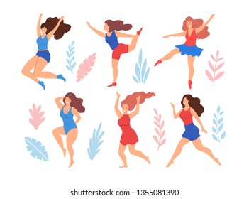 Set of happy plus size women, dancing, smiling, posing, isolated on white background with floral elements, leaves, flowers. Body positive girls. Vector illustration, cartoon flat style.