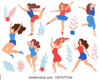 Set of happy plus size women, dancing, smiling, posing, isolated on white background with floral elements, leaves, flowers. Body positive girls. Vector illustration, cartoon flat style.