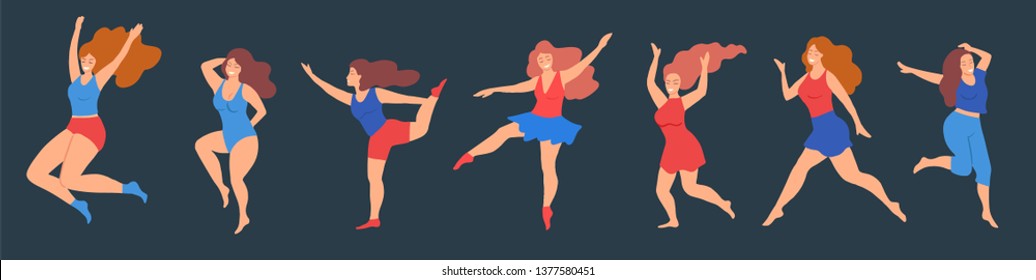 Set of happy plus size women, dancing, smiling, posing, isolated on dark background. Body positive girls. Vector illustration, cartoon flat style.