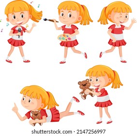 Set of happy ponytail girl character illustration