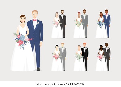 Set of happy portraits diversity wedding couples for wedding invitation with floral pattern. Vector design set, bride and groom on their wedding day