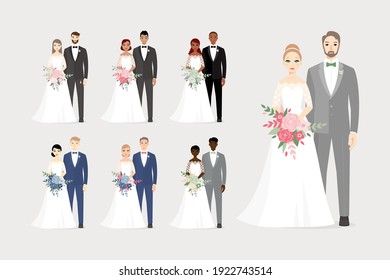 Set of happy portraits diversity wedding couples for wedding invitation with floral pattern. Vector design set, bride and groom on their wedding day