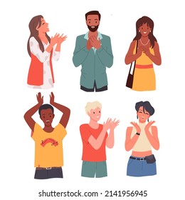 Set of happy positive people clapping hands. Giving approval applause, public admiration, success celebration and audience ovation, enjoyment hands gesture cartoon vector illustration