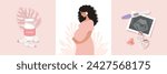 Set of happy pregnancy illustrations, positive pregnancy test and fetal ultrasound, pregnant woman, vitamins and nutritional supplements. Flat vector cartoon illustration, modern pregnancy banner.