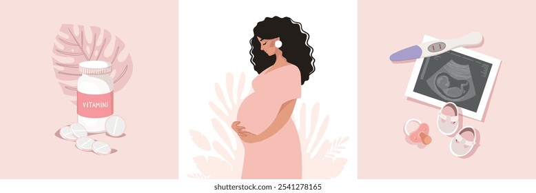 Conjunto de ilustrações de gravidez feliz, teste de gravidez positivo e ultrassom fetal, gestante, vitaminas e suplementos nutricionais. Ilustração de desenho animado de vetor plano, faixa de gravidez moderna.