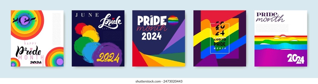 Set von Happy Pride Month 2023 Karte. Kollektion des LGBT Pride Month Banners, Poster, Stories Design. Vektorgrafik Vorlage, Hintergrund, Grußkarte, Banner.