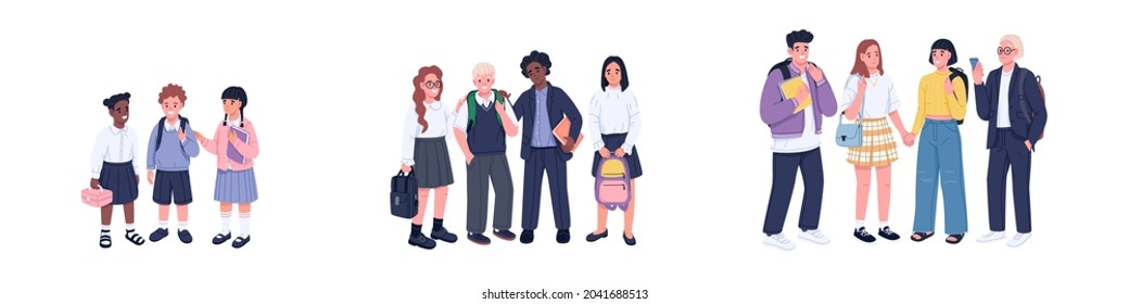 Set of happy pupils and students of elementary, middle and high school. Portraits of classmates. Children with backpacks. Flat vector illustration of schoolboys and schoolgirls isolated on white
