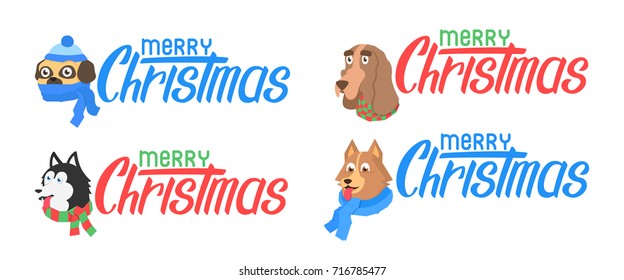 Set Happy puppy in scarf. Flat dog with text merry christmas lettering