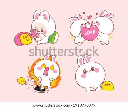 Set of happy rabbit with duck  cartoon illustration