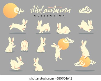 Set of happy rabbit illustration. Mid-Autumn festival. Collection funny bunny. Flat bunny c moon