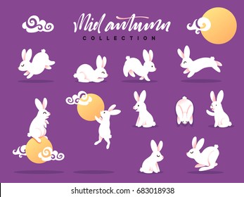 Set of happy rabbit illustration. Mid-Autumn festival. Collection funny bunny. Flat bunny c moon