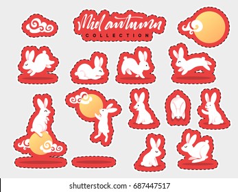 Set of happy rabbit illustration. Mid-Autumn festival. Collection funny bunny. Flat bunny c moon