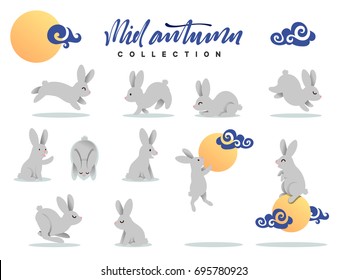 Set of happy rabbit illustration for Mid-Autumn festival. Collection funny flat bunny and moon