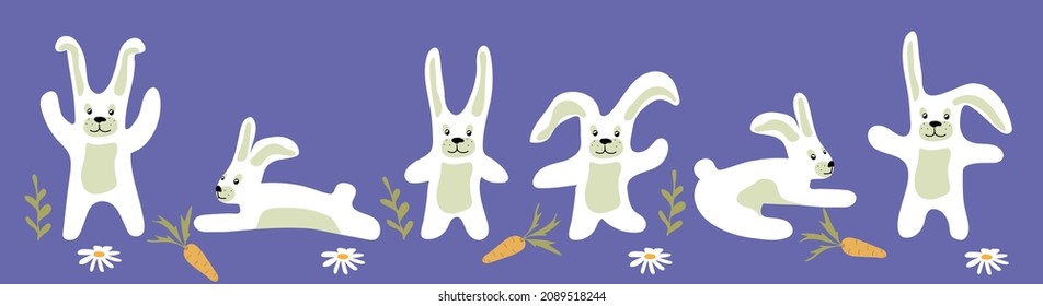 Set of happy rabbits illustration. Collection of funny bunnies. Hand drawn vector illustration
