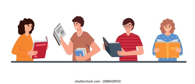 Set of happy reading people with paper books. Book lovers, readers, literature fans or students isolated on white background. Education, literature, knowledge flat or cartoon vector illustration.