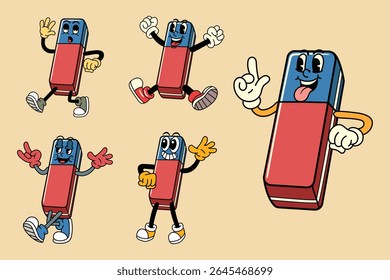 Conjunto de borracha azul vermelho feliz borracha em vários Poses personagem ilustração estilo retro estilo