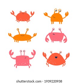 Set of happy red, pink, yellow crabs. Vector cute character. Hand-drawn doodle. Isolated on a white background. Design for children.