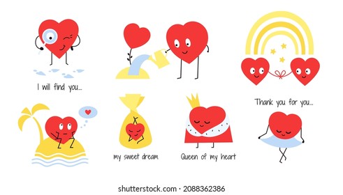 Set of happy red smiling hearts. Love and friendship. Find your love, soulmate. Perfect match. Cute cartoon heart characters. Romantic Valentines day design. Vector illustrations in flat style.