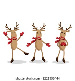 Set of happy reindeer wears red scarf, gloves and boots on white background. Christmas holidays season cartoon character design. Vector illustration.