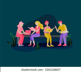 Set of happy relaxed learning and reading people outdoor park for online education, training and courses. Modern vector illustration concept, cartoon characters
