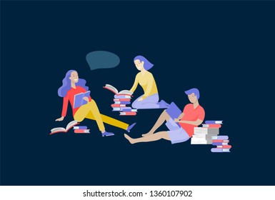 Set of happy relaxed learning and reading people outdoor park for online education, training and courses. Modern vector illustration concept, cartoon characters