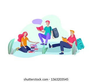 Set of happy relaxed learning and reading people outdoor park for online education, training and courses. Modern vector illustration concept, cartoon characters