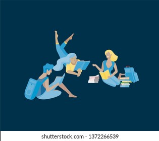 Set of happy relaxed learning and reading people outdoor park for online education, training and courses. Modern vector illustration concept, cartoon characters