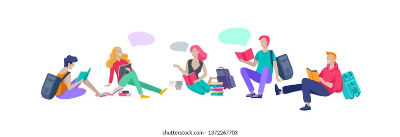 Set of happy relaxed learning and reading people outdoor park for online education, training and courses. Modern vector illustration concept, cartoon characters