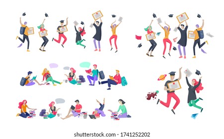 Set of happy relaxed learning and reading people outdoor park for online education, training and courses. Modern vector illustration concept, cartoon characters