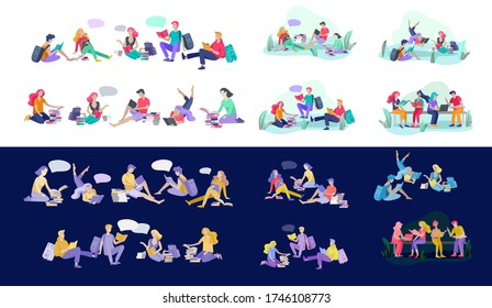 Set of happy relaxed learning and reading people outdoor park for online education, training and courses. Modern vector illustration concept, cartoon characters