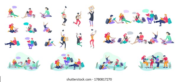 Set of happy relaxed learning and reading people outdoor park for online education, training and courses. Modern vector illustration concept, cartoon characters