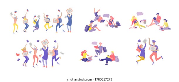 Set of happy relaxed learning and reading people outdoor park for online education, training and courses. Modern vector illustration concept, cartoon characters