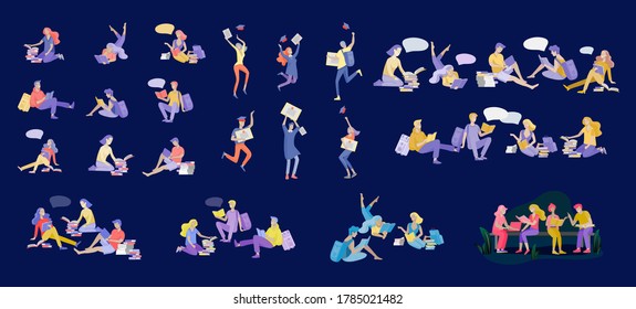 Set of happy relaxed learning and reading people outdoor park for online education, training and courses. Modern vector illustration concept, cartoon characters