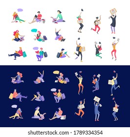 Set of happy relaxed learning and reading people outdoor park for online education, training and courses. Modern vector illustration concept, cartoon characters