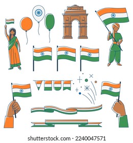 Set of Happy Republic Day of India objects. Indian national traditional holiday symbols.