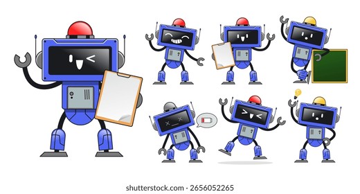 Set of Happy Robot Mascot Character in Various Pose
