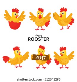 Set with happy rooster character. Year of the Rooster. Traditional symbols of Chinese New Year.